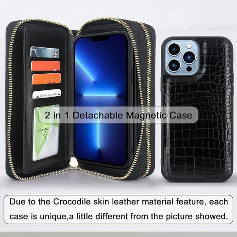 Harryshell Compatible with iPhone 13 Pro Max 6.7 inch 2021 Case Wallet Multi Zipper Detachable Magnetic Cover Purse with Card Slots Mirror Crossbody Wrist Strap (Black) in Kuwait