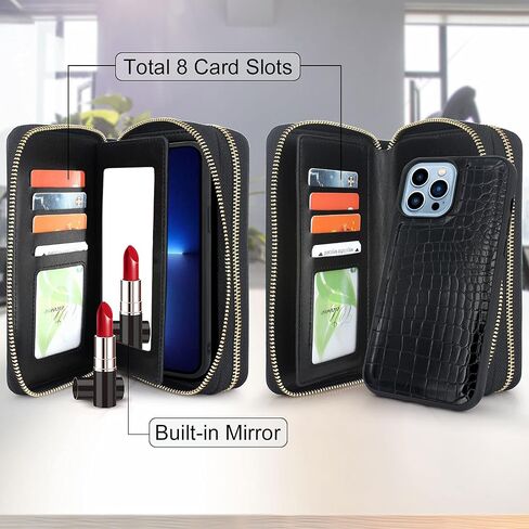 Harryshell Compatible with iPhone 13 Pro Max 6.7 inch 2021 Case Wallet Multi Zipper Detachable Magnetic Cover Purse with Card Slots Mirror Crossbody Wrist Strap (Black) in Kuwait