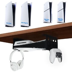 Aluminum Under Desk Mount for PS5/PS5 Slim Digital & Disc, Securing Under Desk Bracket with Detachable Controller & Headphone Holder Kit No Drill (Black)