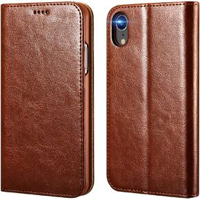 حافظة محفظة icarercase iPhone XR، حافظة جلدية فاخرة مدمجة لبطاقة الائتمان والنقود، غطاء قابل للطي مع مسند يدعم الشحن اللاسلكي لهاتف Apple iPhone XR (2018) 6.1 بوصة - بني in Kuwait