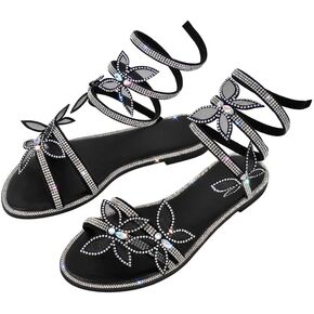 MissHeel Rhinestone Spiral Strap Sandals with Butterflies Flats