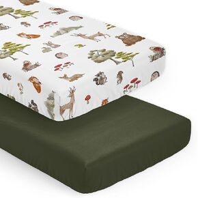 Sweet Jojo Designs Woodland Forest Animals Boy Girl Gender Neutral Baby Fitted Crib Sheet Set for Newborn Nursery Toddler Bed Standard Mattress 2p Solid Dark Green and Animal Friends Bear Hedgehog Fox