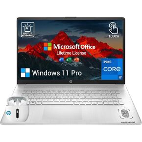 HP 17 Touchscreen Laptop Computer, 17.3" HD+ Touch Screen Business PC, Intel Core i7, 64GB RAM 2TB SSD, Windows 11 Pro, Lifetime Microsoft Office, 10 Key Numeric Backlit Keyboard, Fingerprint Reader