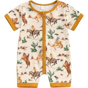 Ledy Champswiin Western Baby Boy One Piece Outfit Short Sleeve Zipper Romper Jumpsuit Summer Farm Clothes