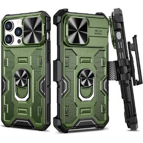 VEGO for iPhone 15 Pro Case (Not for 15 Pro Max), Slide Camera Cover & Belt Clip Holster & Magnetic 360°Ring Kickstand Military Grade Protection Shockproof Case for iPhone 15 Pro 5G 2023 - Black