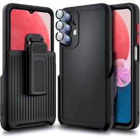 Designed for Samsung Galaxy A13 LTE 4G (Not Fit 5G) Case with Built-in Tempered Glass (Camera Lens Protector), Belt Clip Holster Kickstand, Protective Shockproof Armor Defender Case (Black)