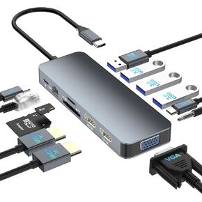 Docking Station Dual Monitor for Dell/HP/Lenovo/Surface Laptop, Dual HDMI Adapter for 2 Monitors, Laptop Docking Station Dual Monitor, 13 in 1 USB C Hub with HDMI/VGA/USB/PD/Ethernet/SD/TF/Audio