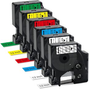 6PK Compatible for DYMO D1 12mm Color Label Tape (45013 45010 45016 45017 45018 45019) D1 12mm Refills Color Combo Set for Dymo Labelmanager 280 160 360D 450 Duo, 1/2In x 23Ft