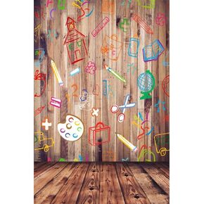 Leowefowa Back to School Backdrop 5x7ft Vinyl Photography Backdrops Hand Painted Pencils House Books on Vintage Retro Stripes Wood Floor Background Baby Kids Children Photo Studio Props