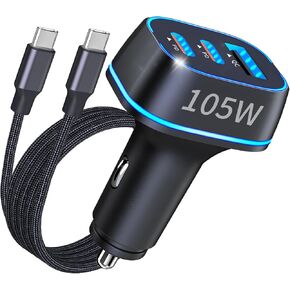 USB C Fast Car Charge for iPhone, 105W 3-Port PD & QC3.0 Compact Fast Charger with 3.3ft Nylon Type C Cable Cigarette Lighter USB Charger for iPhone 15/15 Pro Max/15 Plus, Galaxy, iPad Pro