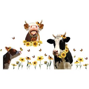 SUPERDANT Funny Farm Cow Wall Stickers Cute Cow Sunflower Vinyl Decals Funny Animal Wall Decals Butterfly Decor for Farmhouse Classroom Office Bedroom Kids' Room Window Decoration