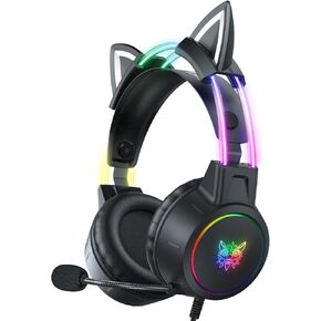 Cat Ears Gaming Headset, Gradient RGB Light, Wired Lighweight Headphones for PC/Mac/PS4/PS5/Switch/Phone, Surround Sound, Self-Adjustabke Headband
