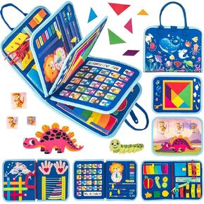 Toddler Busy Board Montessori Toys for 1 2 3 4 Year Old Baby, Sensory Board with Buckles Educational Activities for Learning Fine Motor Skills, Gifts for Girls Boys, Travel Book for Airplane Car, Blue