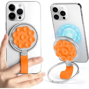 Magnetic Suction Cup Phone Mount, Magnetic Phone Grip Holder Kickstand, Adjustable Removable Stand, Magnetic Grip with Silicone Loop Strap, Magnetic Grip Holder for All Phones (Black)