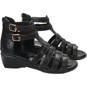 Women Black Leather High Top Gladiator Sandals,Summer Peep Toe Hollow Back Zipper Dressy Flat Roman Sandals Wedges Sandals