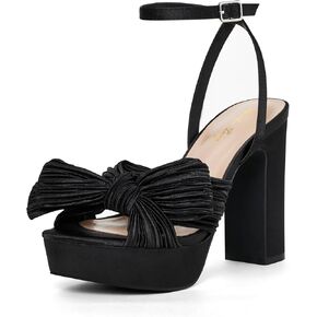 Elisabet Tang Vintage Bow Strappy Platform Chunky Block Heels Satin Bowknot Round Toe Sandals 4 inch for Evening Prom Comfortable