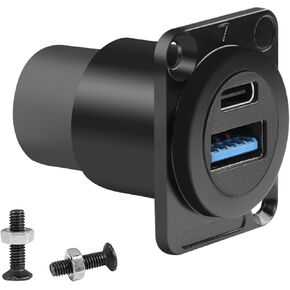 QIANRENON USB3.0 & USB C 3.1 Panel Mount Adapter USB3.0+USB Type C 3.1 Female to Female Fixed Mount Data Charging Connector USB A & USB C Feedthrough Bulkhead Mount Socket, Mount in XLR/D Type Panel