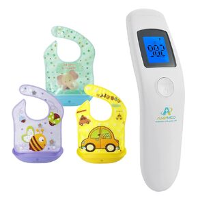Amplim Premium Baby Care Bundle Baby Feeding Bibs (3-Pack) Toddler/Baby Bibs and Noninvasive Non-Contact Infrared Digital Forehead Thermometer