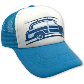 Surf Woody Car Blue Adjustable Snapback Mesh Trucker Hat - Summer Beach Baseball Cap for Infants, Toddlers & Youths