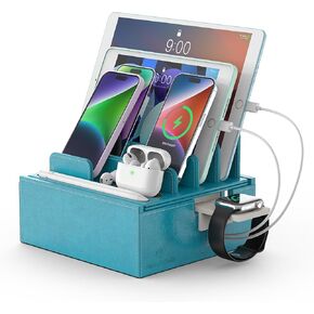 Pezin & Hulin Leather Charging Station for Multiple Devices, Dock Station Rack for Cell Phones, Tablet, Smart Watch & Earbud (Aqua)