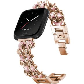 Stainless Steel Metal Bands Compatible with Fitbit Versa/Fitbit Versa 2/Fitbit Versa Lite & SE, Handmade Leather Wristband Replacement Bracelet Straps Women Men