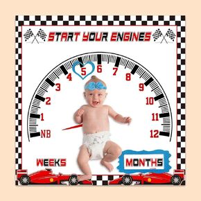 Baby Monthly Milestone Blanket, Racing Car Speed Disc Check Flag Blanket for Nursery, Unisex for Newborn 1-12 Months, includes 4 Frame and 1 Headband 47"x47" BTLSPH343