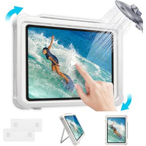 Shower Tablet Holder with HD&Touchable Screen, Anti-Fog Waterproof iPad Shower Mount, iPad Holder for Shower, 2 Placement Modes, Compatible with iPad iPhone Tablet Under 11 in,White