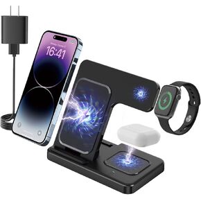 Iphone Wireless Charger Fast Charging 3 in 1, Wireless Charging Station for Iphone/Iwatch/Airpods, Portable Cell Phone Charging Stand for Multiple Devices, Charging Pad for Desk, Travel, Office, Home