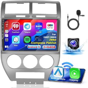 2+64G Android 13 CarPlay Car Stereo Radio for Jeep Compass Patriot 2007-2009, 10.1'' HD Touch Screen Compatible with Android Auto, AHD Backup Camera, Mirror Link, GPS, WiFi, FM RDS