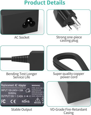 محول إمداد الطاقة 19 فولت 3.42 أمبير تيار متردد 65 وات، محول إدخال 100 فولت ~ 240 فولت إلى قابس 5.5 مم × 2.5 مم لشاشة LCD LED، HDTV، مكبر صوت بلوتوث، شاشة عريضة ثلاثية الأبعاد، مضخم صوت in Kuwait