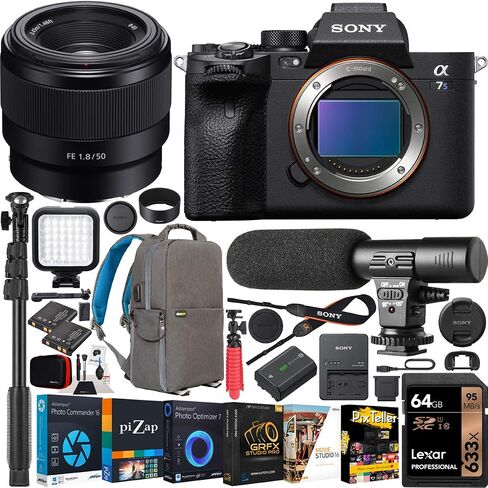 هيكل كاميرا Sony a7s III بدون مرآة بإطار كامل مع مجموعة عدسات FE مقاس 50 مم F1.8 ILCE-7SM3/B + SEL50F18F مع صور فيديو LED وميكروفون ومونوبود و64 جيجابايت وبرامج وحقيبة ظهر Deco Gear وملحقاتها in Saudi Arabia