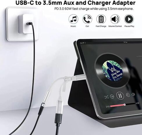 USB C to 3.5mm Headphone Jack Adapter, 2-in-1 USB C PD Charging Port to Aux Audio Jack high Resolution DAC and Fast Charging dongle Cable,Multifunction Connector Adapter (White) in Saudi Arabia