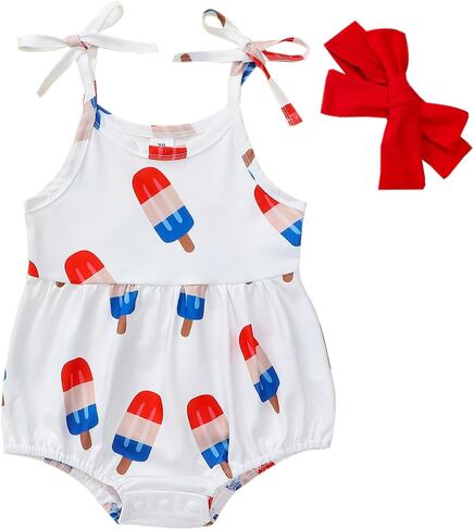 Ayalinggo Newborn 4th Of July Baby Girl Outfits Ice Cream Romper Jumpsuit Shorts Suspenders Toddler Clothes Independence Day in Kuwait