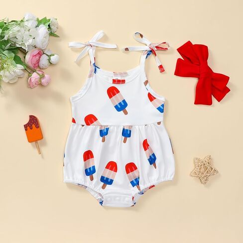 Ayalinggo Newborn 4th Of July Baby Girl Outfits Ice Cream Romper Jumpsuit Shorts Suspenders Toddler Clothes Independence Day in Kuwait