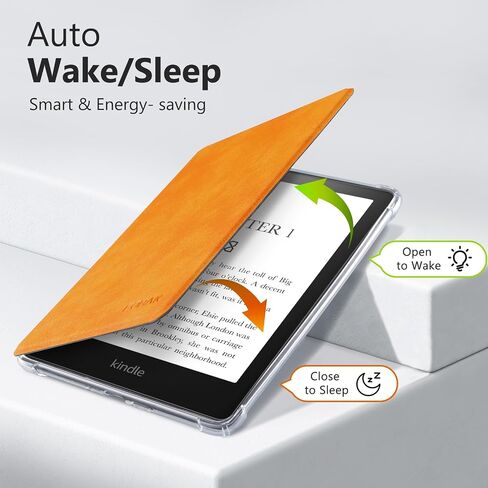 Case for Kindle Paperwhite 11th Generation 6.8" and Signature Edition- New PU Leather Cover and Transparent TPU Back Cover with Auto Wake/Sleep Feature-Orange in Saudi Arabia