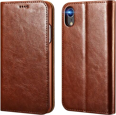 حافظة محفظة icarercase iPhone XR، حافظة جلدية فاخرة مدمجة لبطاقة الائتمان والنقود، غطاء قابل للطي مع مسند يدعم الشحن اللاسلكي لهاتف Apple iPhone XR (2018) 6.1 بوصة - بني in Kuwait