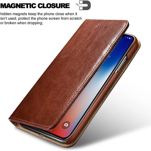حافظة محفظة icarercase iPhone XR، حافظة جلدية فاخرة مدمجة لبطاقة الائتمان والنقود، غطاء قابل للطي مع مسند يدعم الشحن اللاسلكي لهاتف Apple iPhone XR (2018) 6.1 بوصة - بني in Kuwait
