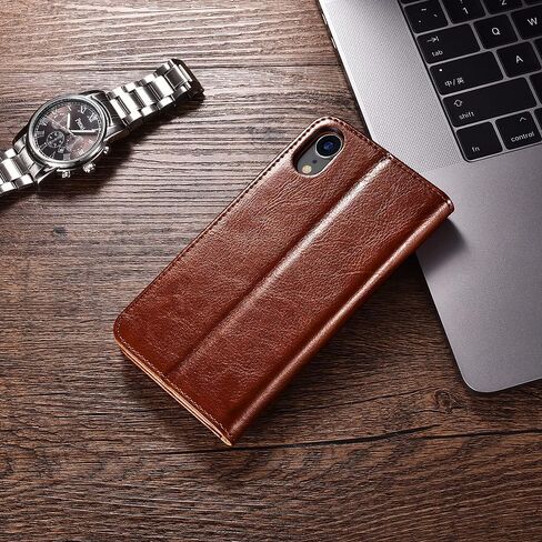 حافظة محفظة icarercase iPhone XR، حافظة جلدية فاخرة مدمجة لبطاقة الائتمان والنقود، غطاء قابل للطي مع مسند يدعم الشحن اللاسلكي لهاتف Apple iPhone XR (2018) 6.1 بوصة - بني in Kuwait