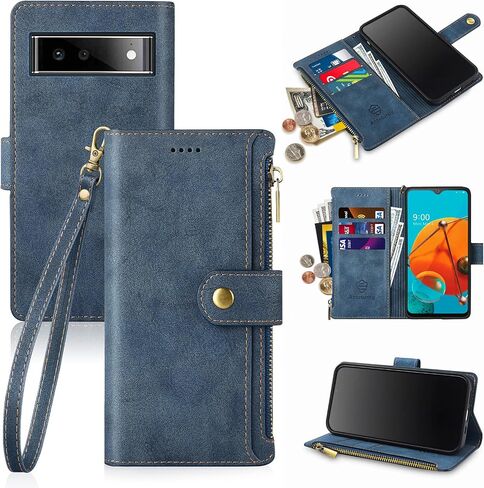 Antsturdy Google Pixel 6 Pro حافظة محفظة مع حامل بطاقات للنساء والرجال، حافظة هاتف Google Pixel 6 Pro RFID من جلد البولي يوريثان غطاء مقاوم للصدمات مع حزام بسحاب وفتحات لبطاقة الائتمان، أزرق in Kuwait