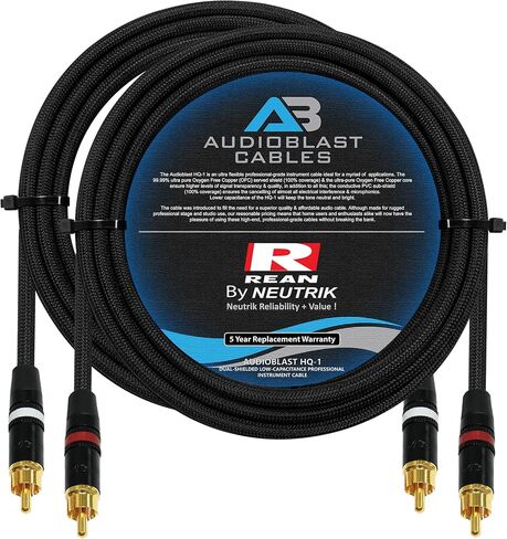 زوج كابل RCA بطول 9 أقدام - Audioblast HQ-1 BRAID (أسود) مرن - مزدوج الحماية (100%) كابل توصيل صوتي عالي الوضوح وموصلات Neutrik-Rean NYS Gold RCA (كابلان، كل منهما بطول 9 أقدام) in Saudi Arabia