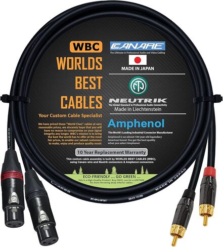 أفضل الكابلات في العالم بطول 6 أقدام - زوج كابل RCA إلى XLR (أنثى) - كابل توصيل الصوت Canare L-4E6S Star-Quad وAmphenol ACPL RCA وNeutrik Female XLR Gold Plugs - مصنوع حسب الطلب in Kuwait