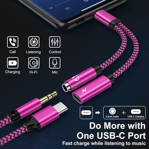 محول سماعة رأس وشاحن Samsung S24 USB C إلى 3.5 ملم، 2 في 1 USB C إلى AUX Mic Jack 60W شحن سريع لهاتف Samsung Galaxy S23 FE/Ultra S22 S21 A15، Google Pixel 8a 8 7 Pro 6، ستيريو، سماعات الأذن، iPad in Kuwait