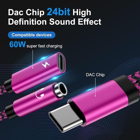 محول سماعة رأس وشاحن Samsung S24 USB C إلى 3.5 ملم، 2 في 1 USB C إلى AUX Mic Jack 60W شحن سريع لهاتف Samsung Galaxy S23 FE/Ultra S22 S21 A15، Google Pixel 8a 8 7 Pro 6، ستيريو، سماعات الأذن، iPad in Kuwait