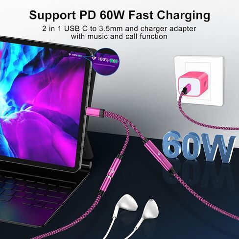 محول سماعة رأس وشاحن Samsung S24 USB C إلى 3.5 ملم، 2 في 1 USB C إلى AUX Mic Jack 60W شحن سريع لهاتف Samsung Galaxy S23 FE/Ultra S22 S21 A15، Google Pixel 8a 8 7 Pro 6، ستيريو، سماعات الأذن، iPad in Kuwait