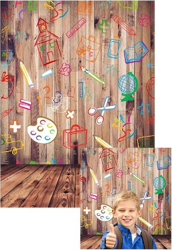 Leowefowa Back to School Backdrop 5x7ft Vinyl Photography Backdrops Hand Painted Pencils House Books on Vintage Retro Stripes Wood Floor Background Baby Kids Children Photo Studio Props in Kuwait