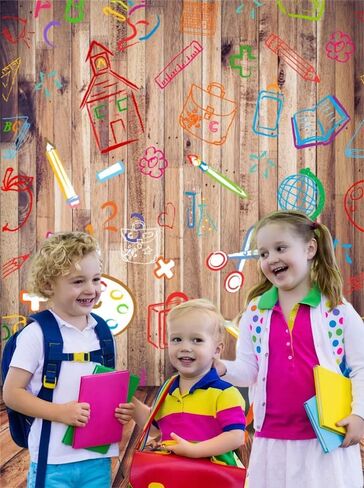 Leowefowa Back to School Backdrop 5x7ft Vinyl Photography Backdrops Hand Painted Pencils House Books on Vintage Retro Stripes Wood Floor Background Baby Kids Children Photo Studio Props in Kuwait
