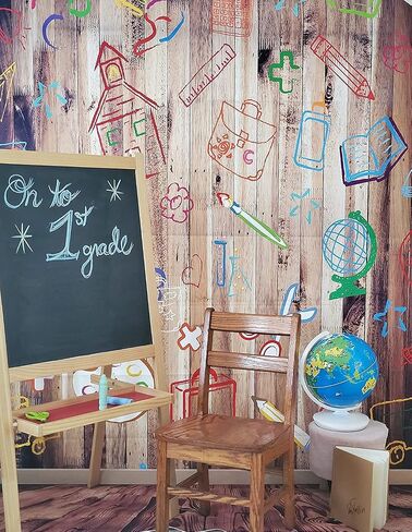 Leowefowa Back to School Backdrop 5x7ft Vinyl Photography Backdrops Hand Painted Pencils House Books on Vintage Retro Stripes Wood Floor Background Baby Kids Children Photo Studio Props in Kuwait