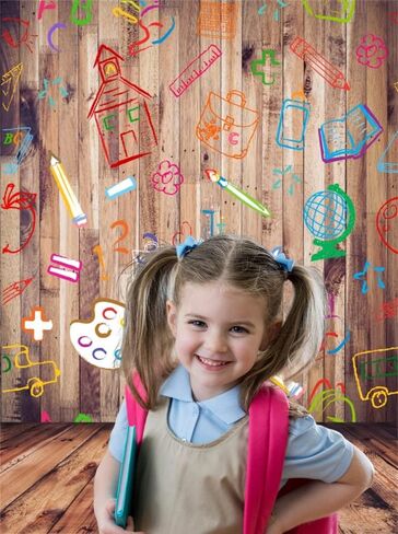Leowefowa Back to School Backdrop 5x7ft Vinyl Photography Backdrops Hand Painted Pencils House Books on Vintage Retro Stripes Wood Floor Background Baby Kids Children Photo Studio Props in Kuwait