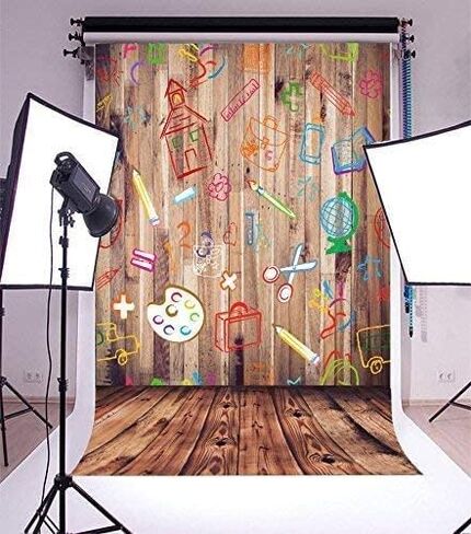 Leowefowa Back to School Backdrop 5x7ft Vinyl Photography Backdrops Hand Painted Pencils House Books on Vintage Retro Stripes Wood Floor Background Baby Kids Children Photo Studio Props in Kuwait
