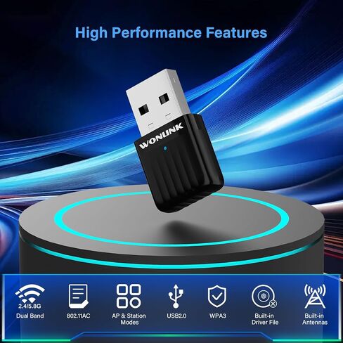 محول واي فاي USB من WONLILNK للكمبيوتر الشخصي، جهاز إرسال واستقبال شبكة لاسلكية ثنائي النطاق 2.4G/5G بسرعة 650 ميجابت في الثانية واي فاي دونجل لأجهزة الكمبيوتر المحمول المكتبية، حجم السفر، يدعم Windows XP/7/8/8.1/10/11 in Kuwait